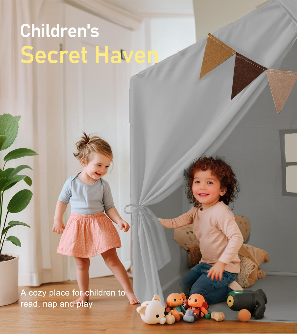 Little Dove boho-colored tent with flags and lights sparks playful room decor.