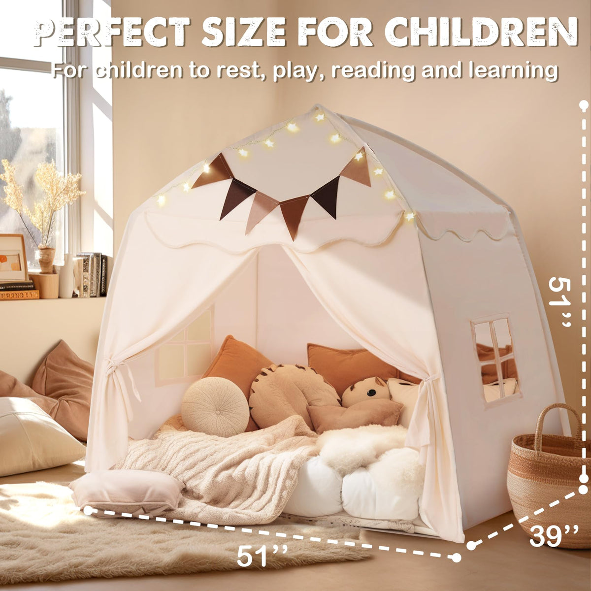 Little Dove cream boho tent with flags and star lights for cozy playtime