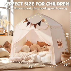 Little Dove cream boho tent with flags and star lights for cozy playtime