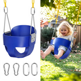 Little Dove blue high-back bucket swing with coated chains for safety and durability.