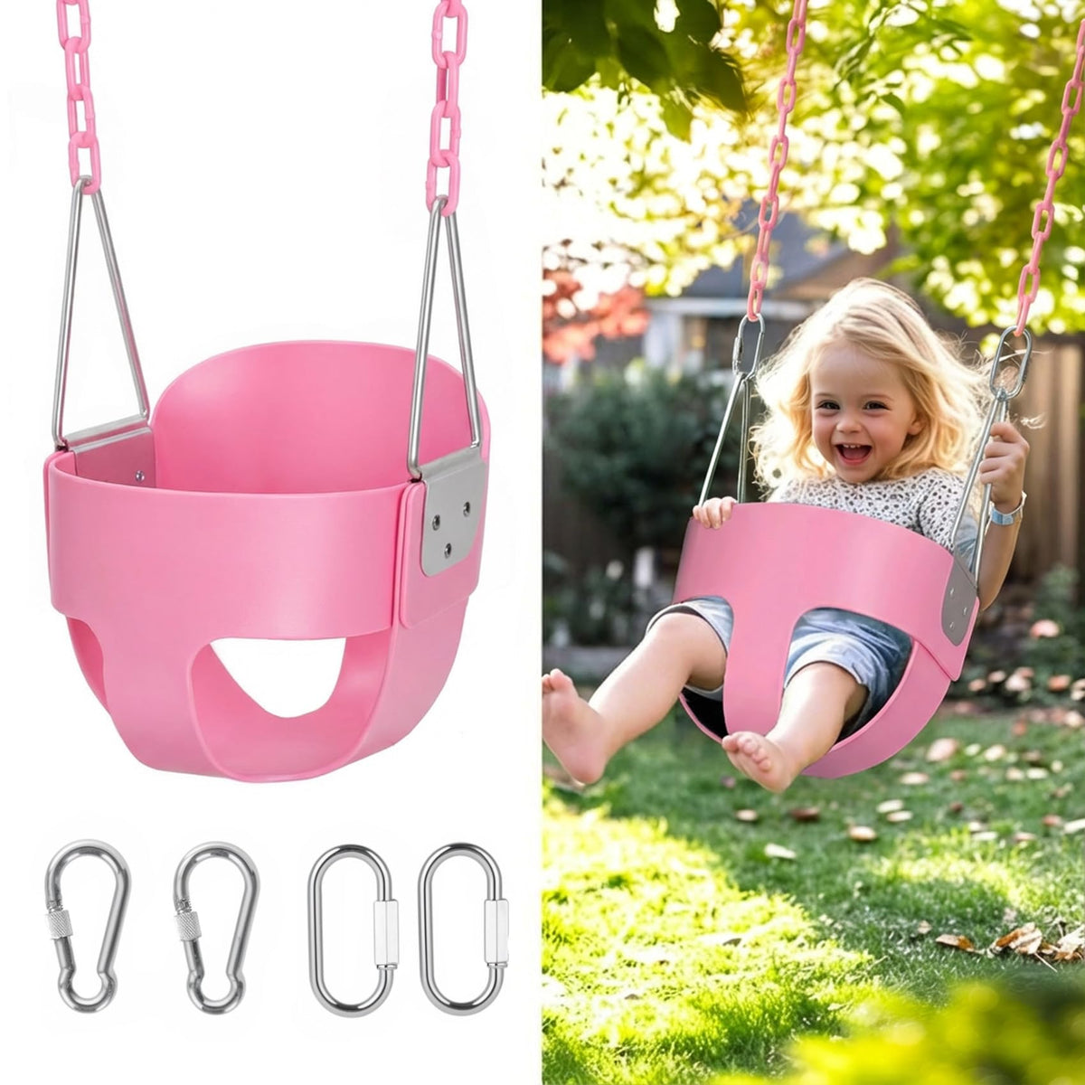 Little Dove high-back full bucket swing in pink providing snug toddler support