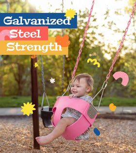 Little Dove high-back bucket seat in pink wraps snugly around a child