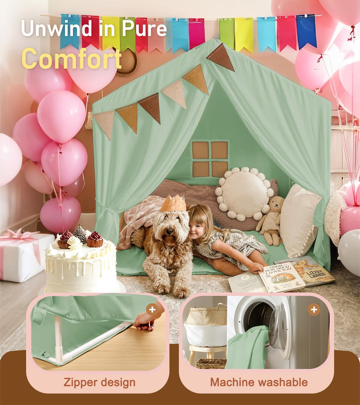 Little Dove tent in green, family-friendly indoor and outdoor use.