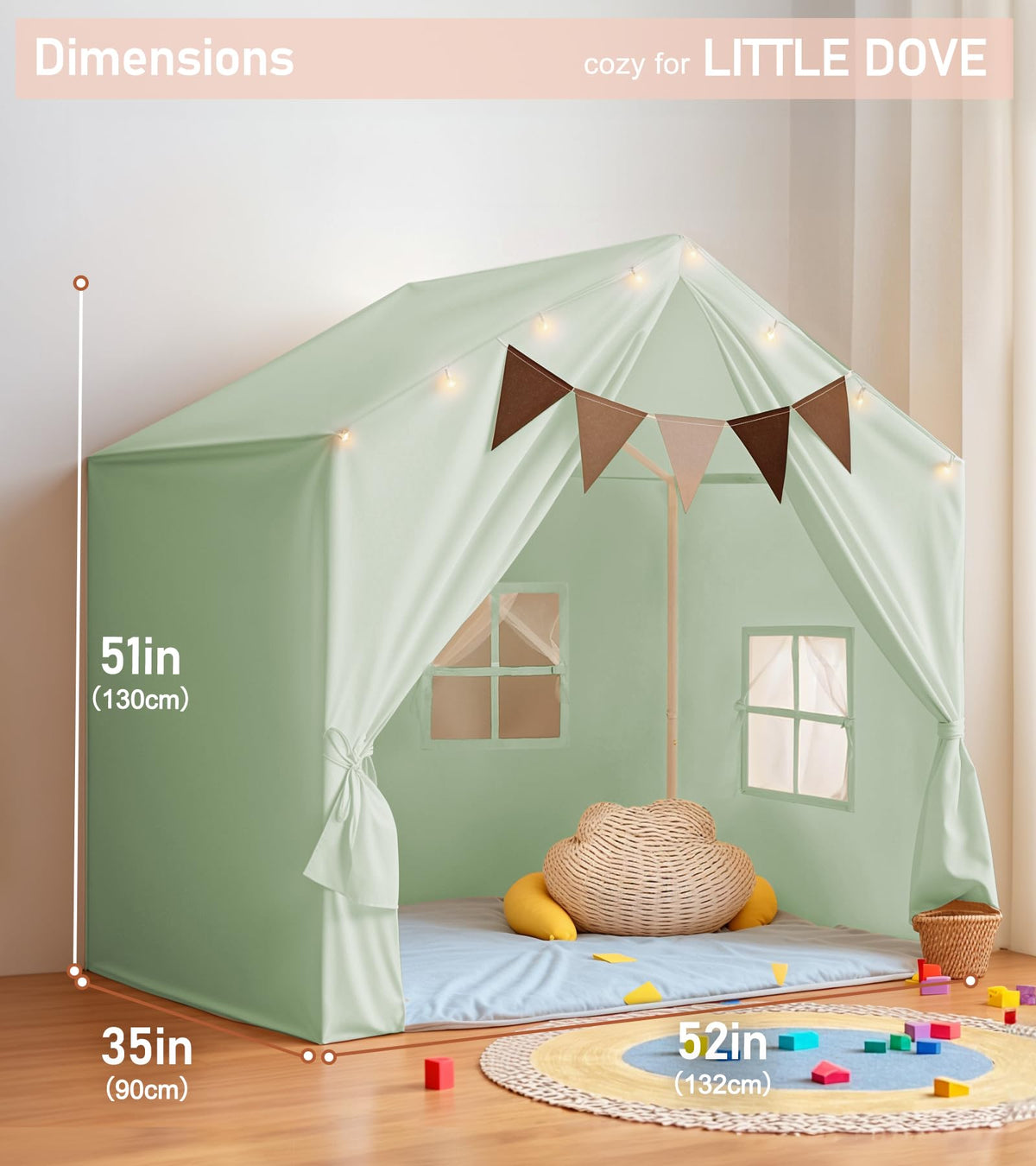 Little Dove tent interior, cozy layout for reading and imaginative play.
