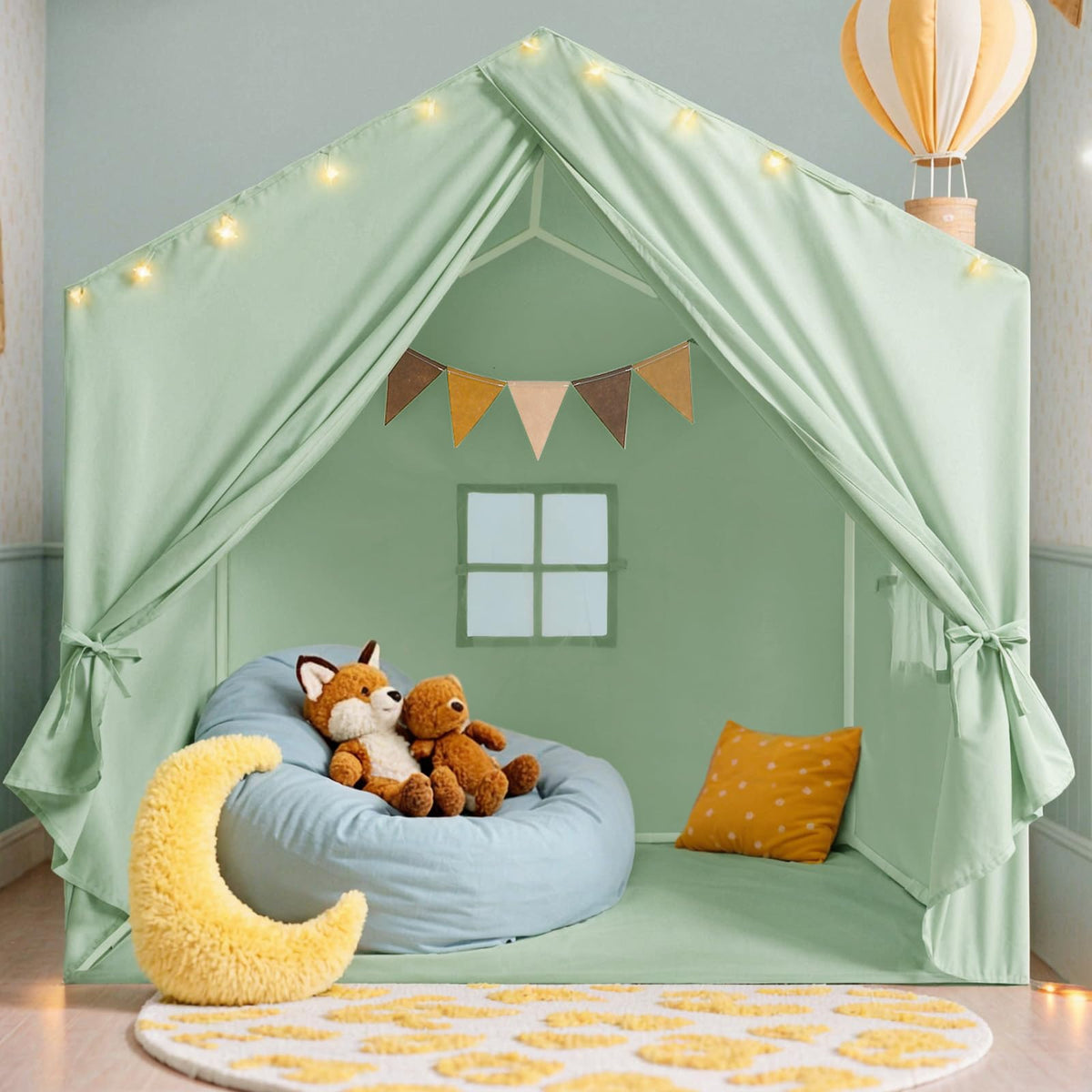 Little Dove Kids Tent with star lights, side view, spacious play space.