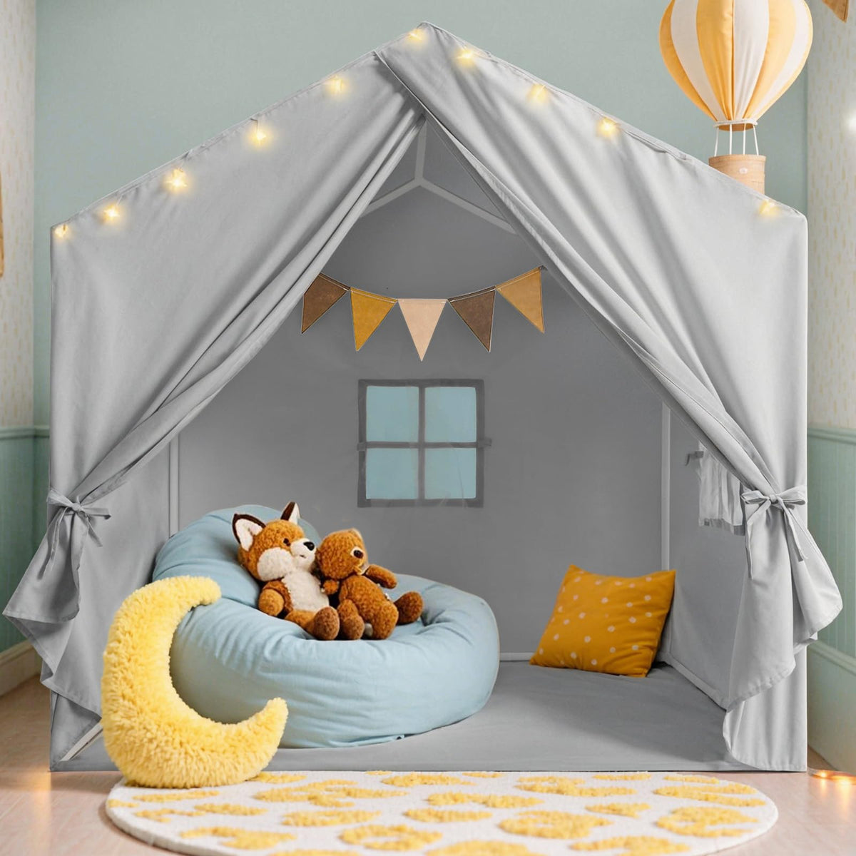 Little Dove Kids Tent star lights illuminate cozy playtime and reading.