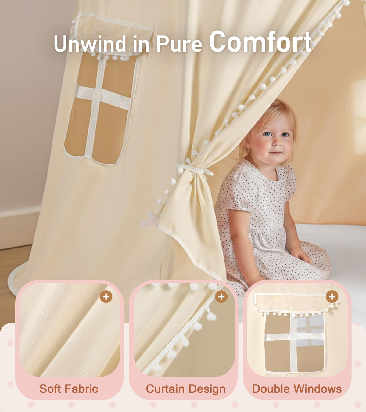 Little Dove play tent fiberglass pole frame provides sturdy support during active play.