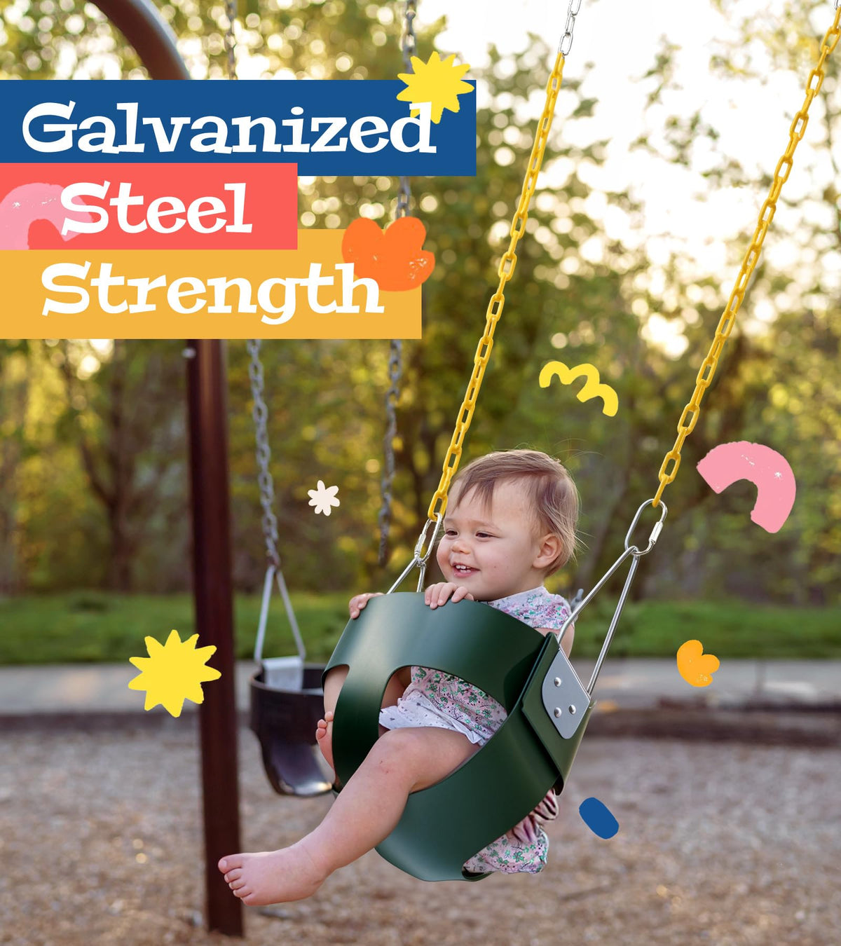 Little Dove secure locking buckles keep the swing firmly in place with adjustable fit.