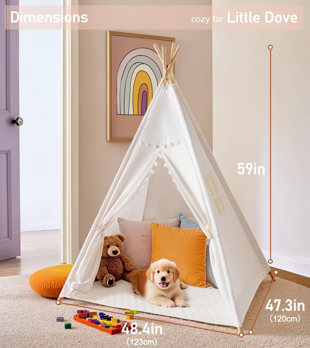 Little Dove teepee spacious 47x47x59 inches fits multiple friends