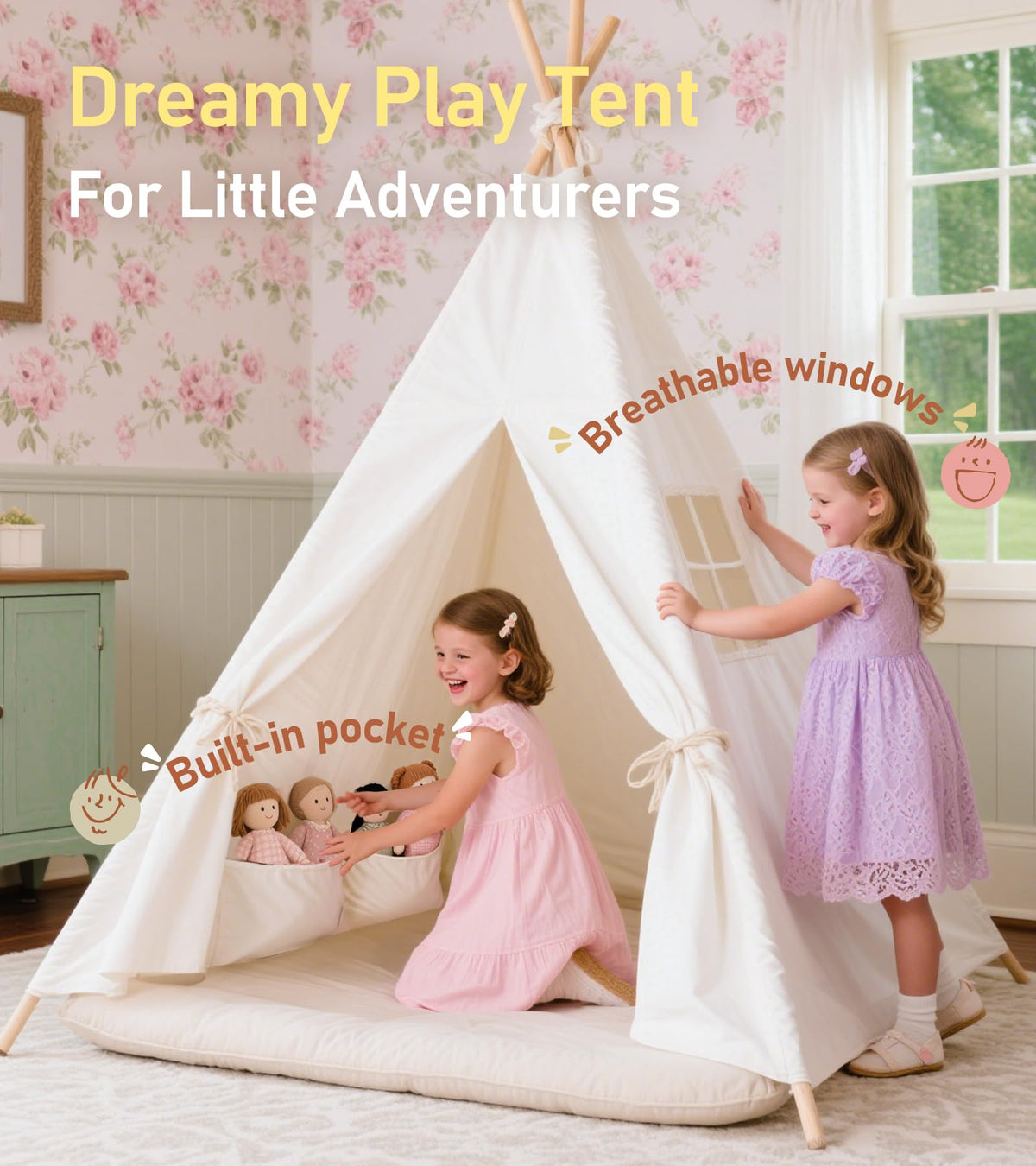 Little Dove Teepee Tent front flaps open for private space and secret play