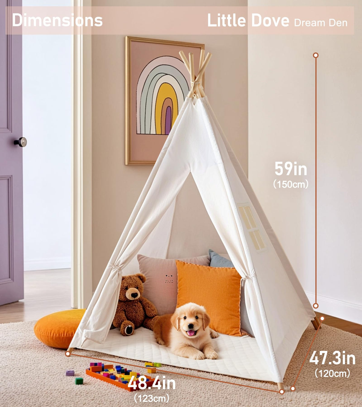 Little Dove Teepee Tent complete package including lights, banner, blanket and more