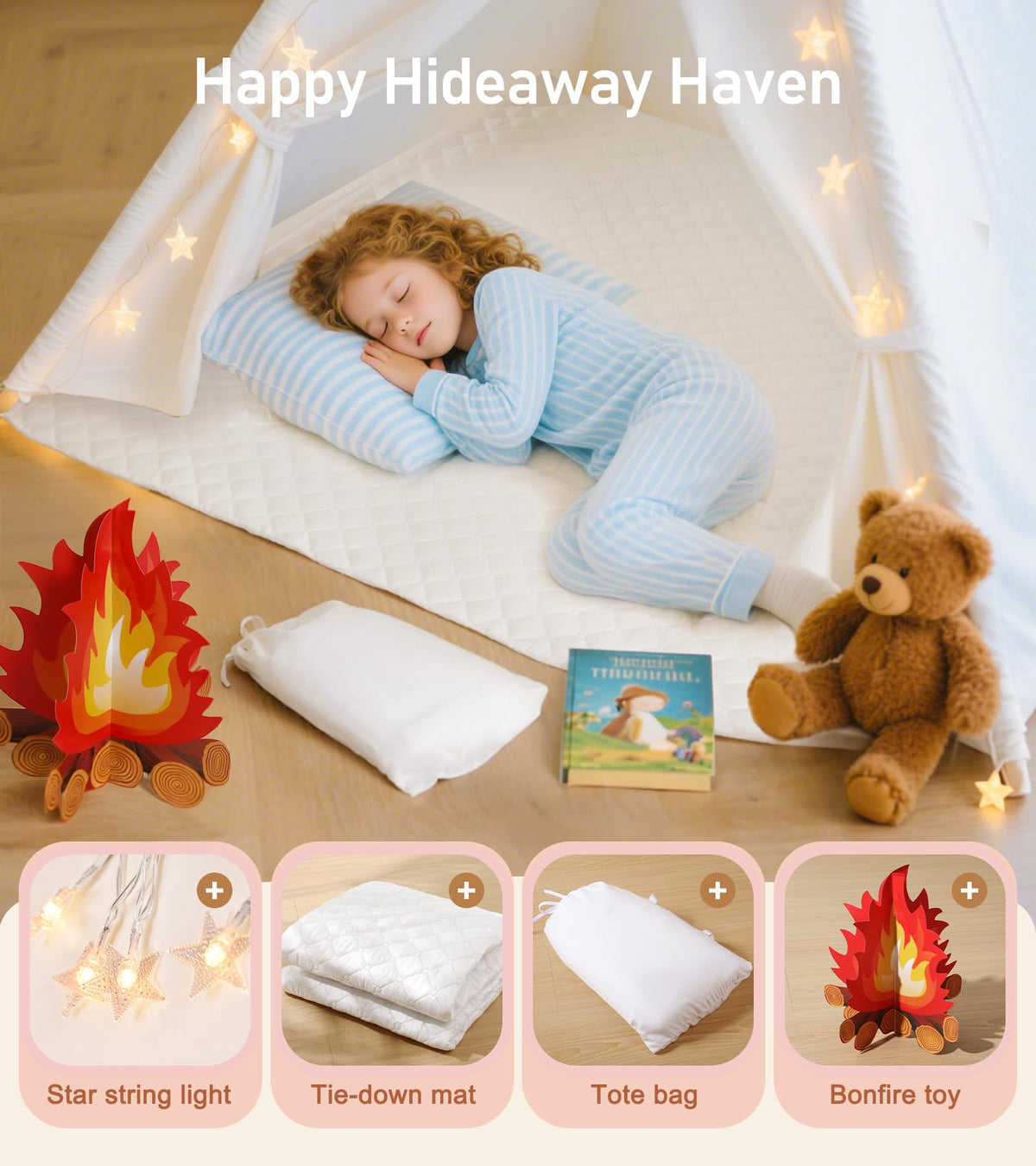 Little Dove Teepee Tent wooden poles and joints demonstrate sturdy, kid-friendly construction