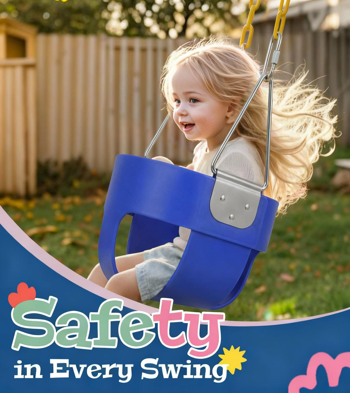Little Dove swing seat close-up showing snug high-back design for comfort.