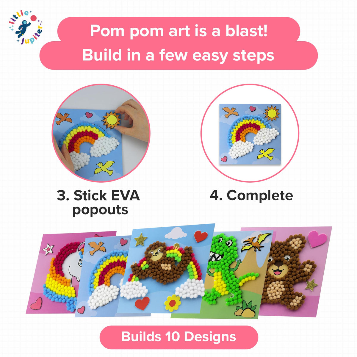 Little Jupiter pom pom art 10-designs showcase featuring llamas, dinosaurs, and more