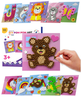 Little Jupiter pom pom art design cards for kids with easy prompts and bright colors
