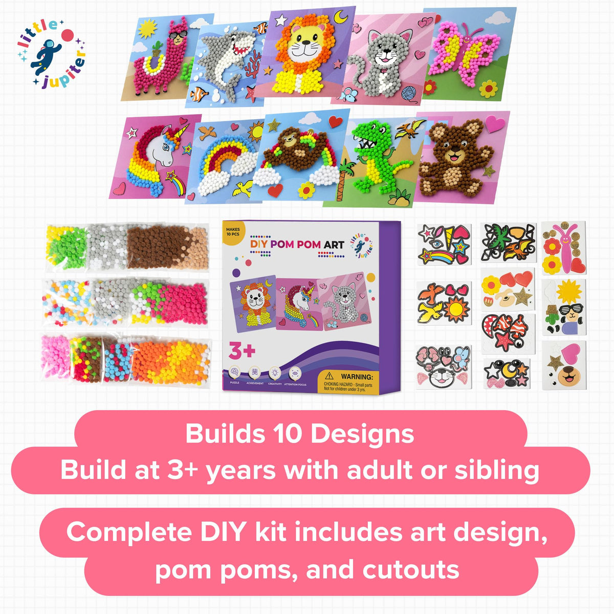 Little Jupiter kids sticking pom poms on design cards for a mess-free craft