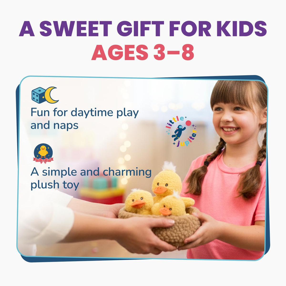 Little Jupiter gift-ready duck plush set, perfect for birthdays and holidays.