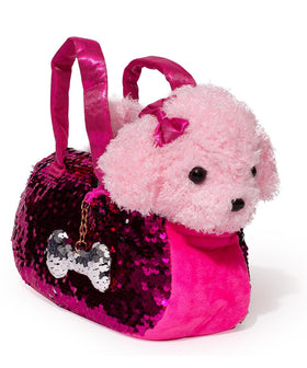 Little Jupiter pink Labradoodle plush with sequin purse, great for imaginative play.