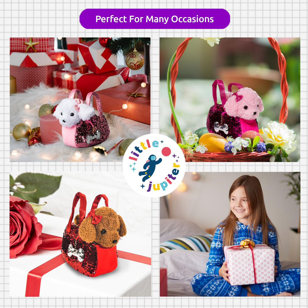 Little Jupiter safety-tested puppy plush for kids aged four and up.