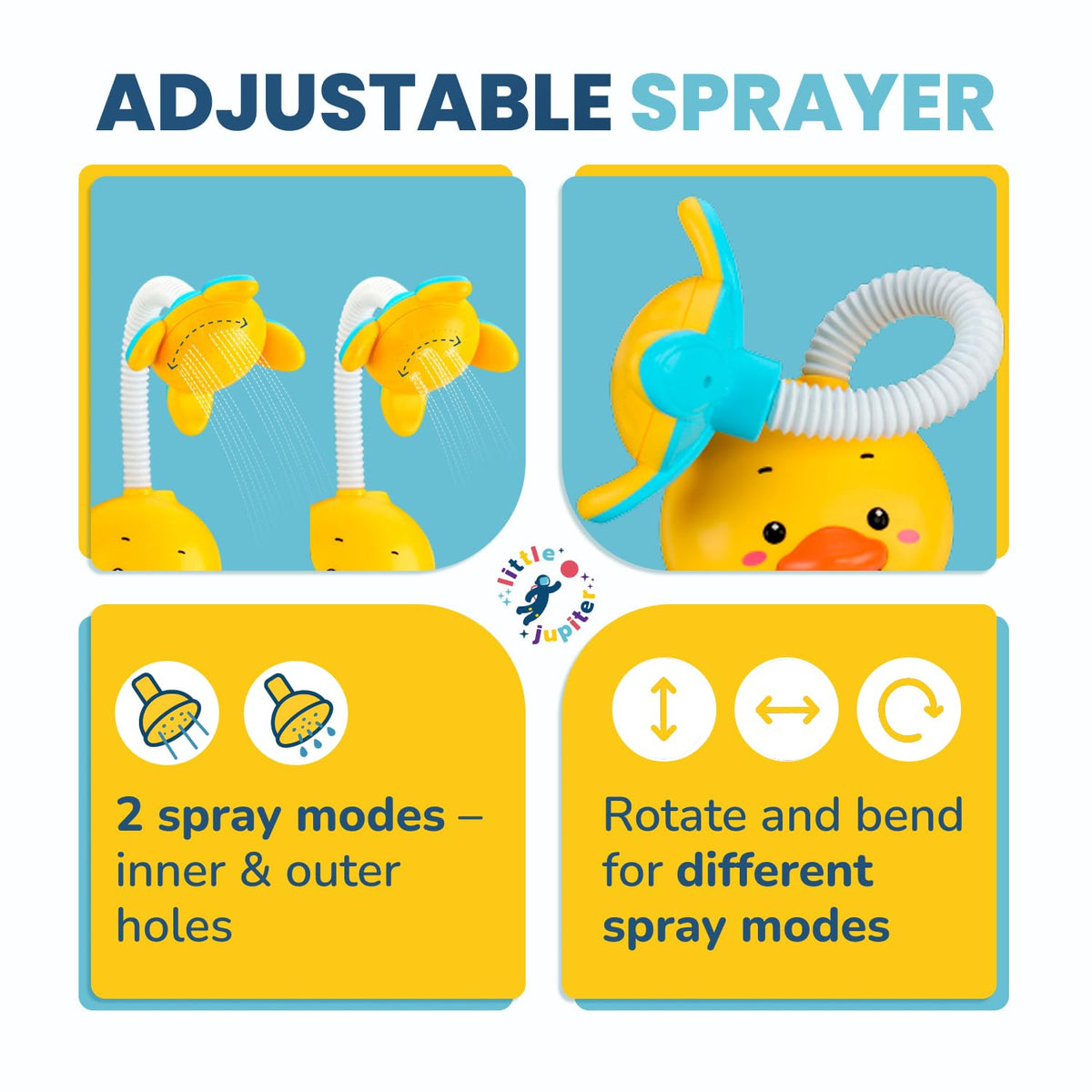 Little Jupiter suction cup attachment secures toy to tub wall.