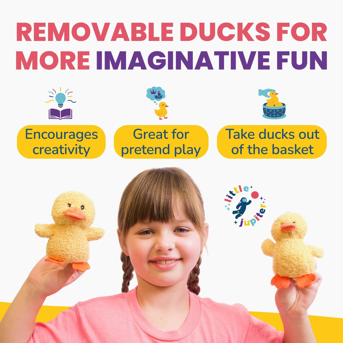 Little Jupiter travel duck plush, compact companion for trips with kids.