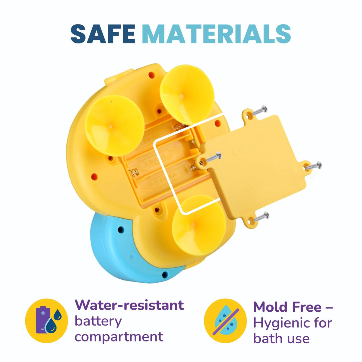 Little Jupiter waterproof battery compartment keeps toy safe in water play.