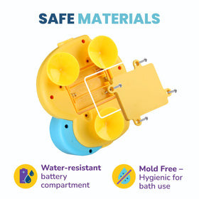 Little Jupiter waterproof battery compartment keeps toy safe in water play.