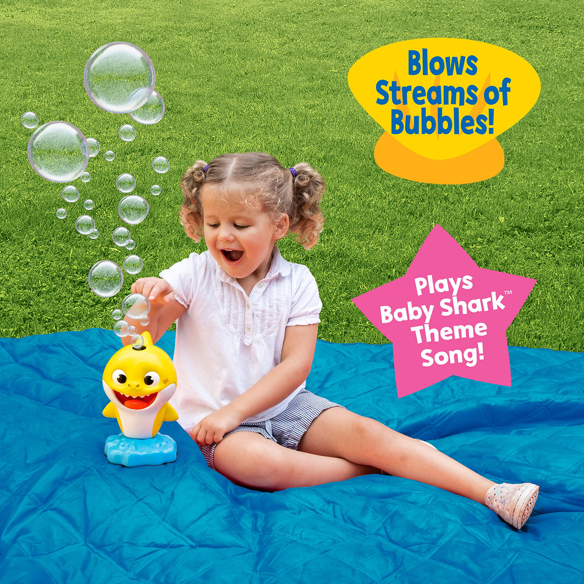 Little Kids Baby Shark bubble stream without mess, perfect for outdoor play.