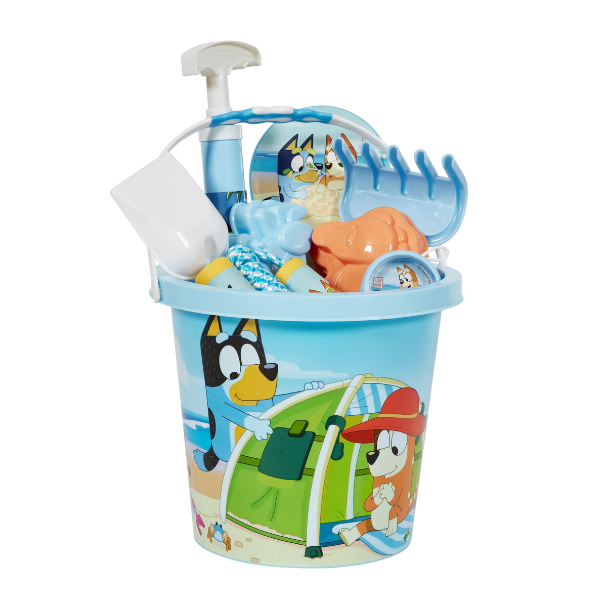 Little Kids Bluey beach bucket for outdoor sand play and water-ready fun.