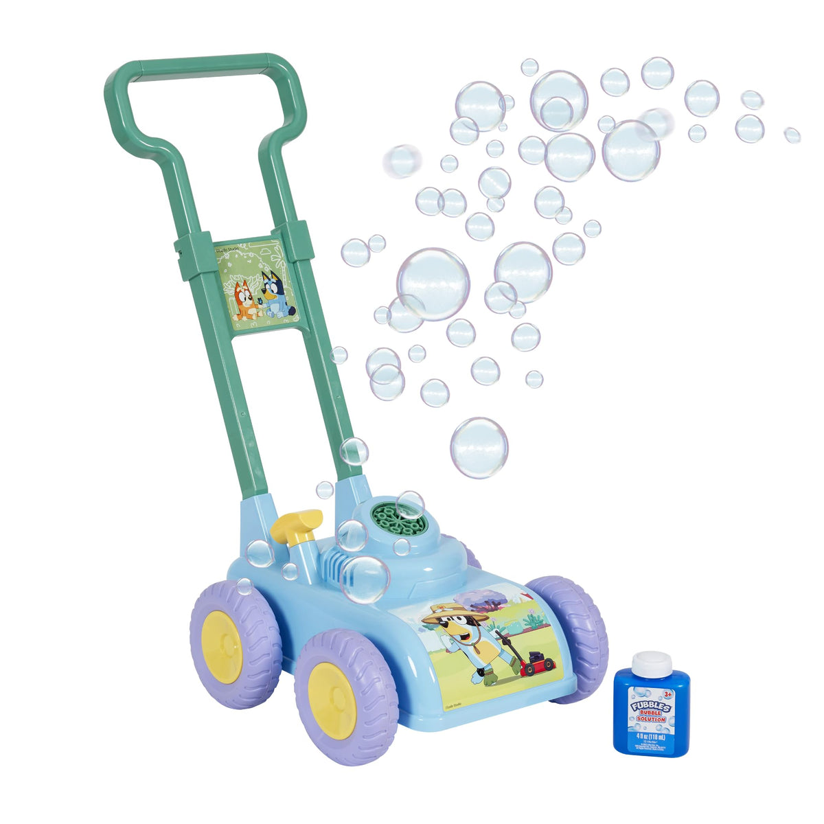 Little Kids Bluey bubble lawn mower stored compactly after play