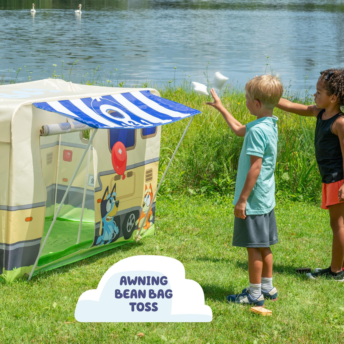 Little Kids Bluey camping fort bean bag toss for active play.