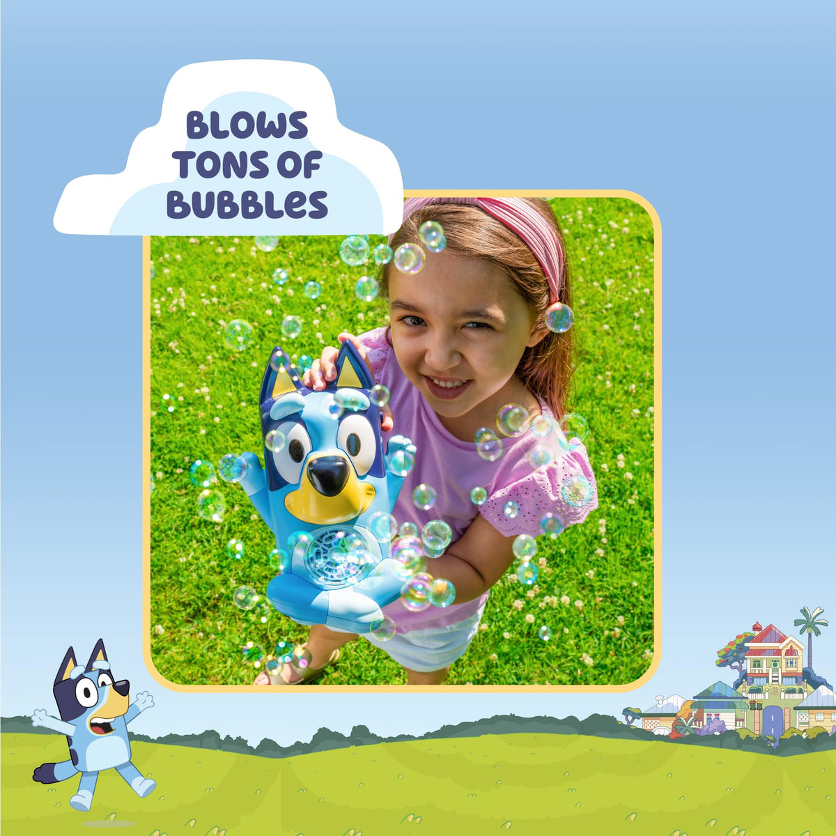 Little Kids Bluey No-Spill Bubble Machine in use with continuous bubbles for active fun
