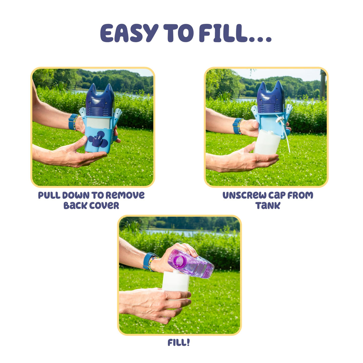 Little Kids Bluey No-Spill Bubble Machine in musical mode engaging kids with bubbles