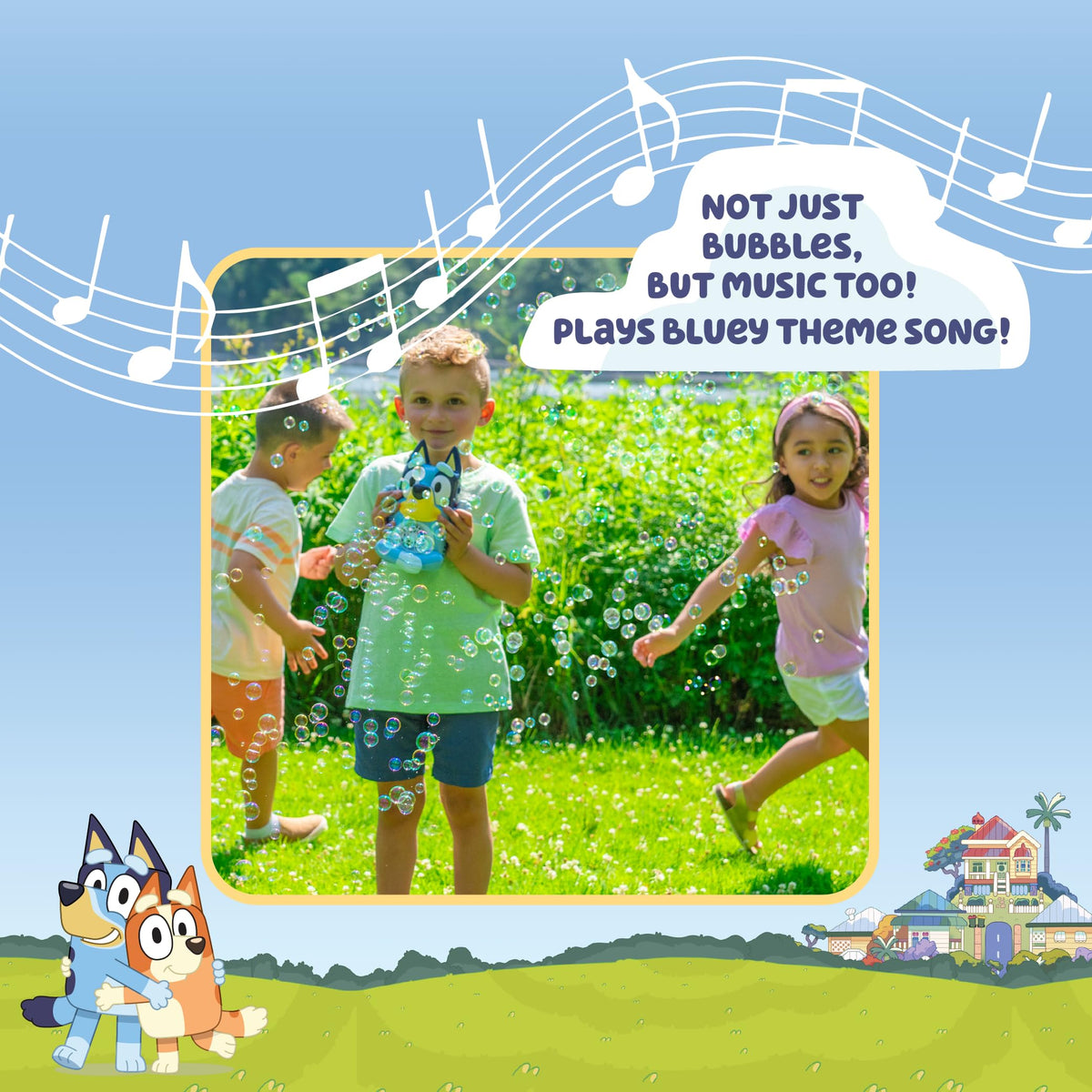 Little Kids Bluey No-Spill Bubble Machine side view indicates quick setup for play