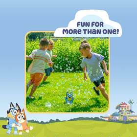 Little Kids Bluey No-Spill Bubble Machine with solution bottle ready for bubble-filled fun
