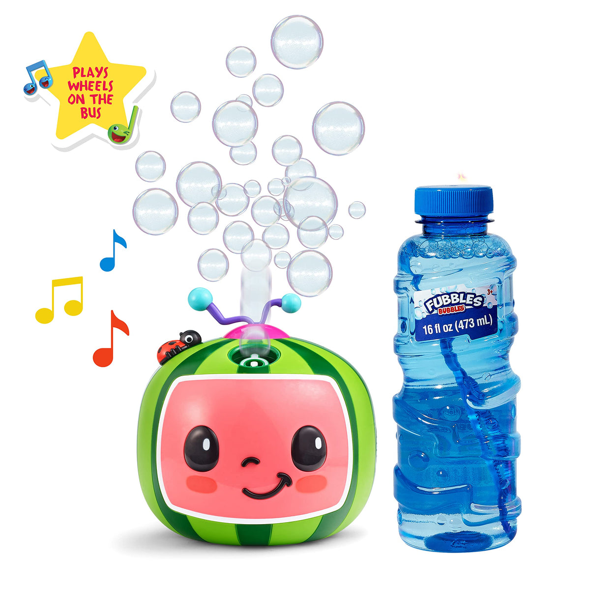 Little Kids CoComelon No Spill Bubble Machine front view, mess-free play.