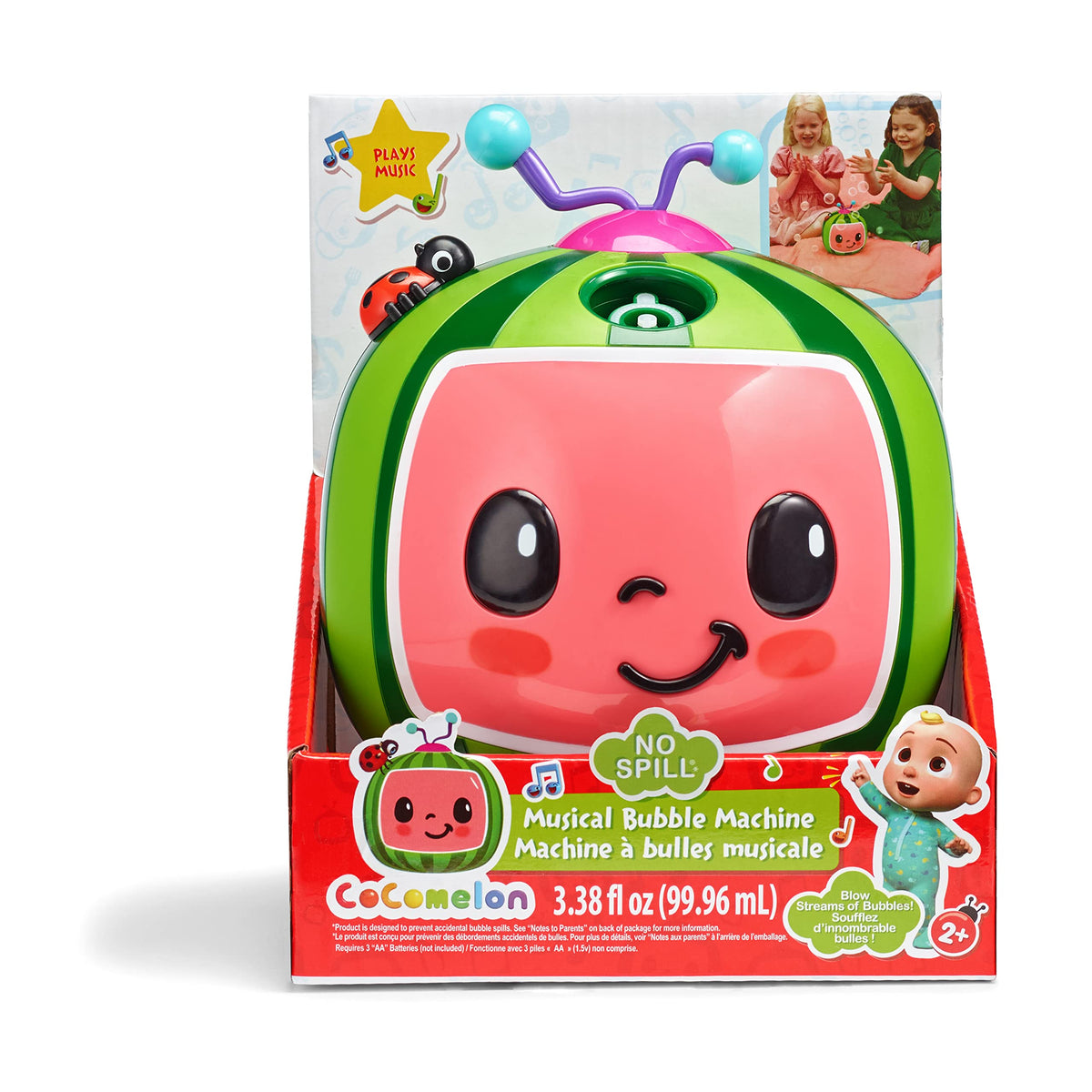 Little Kids CoComelon No Spill Bubble Machine outdoors with kids.
