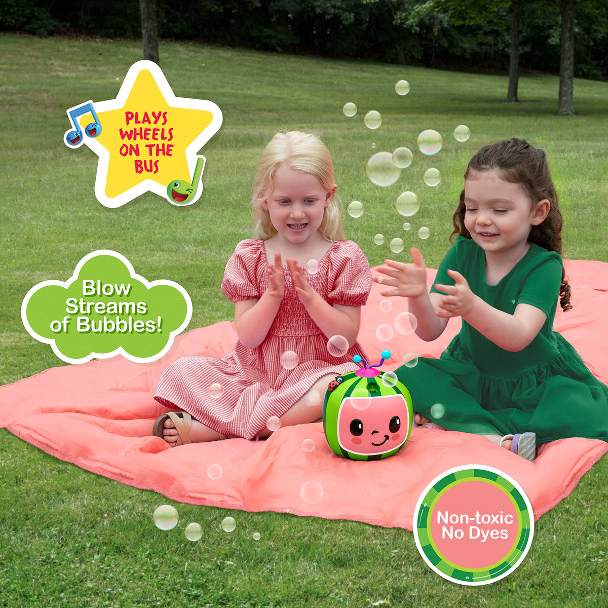 Little Kids CoComelon No Spill Bubble Machine side view, compact design.