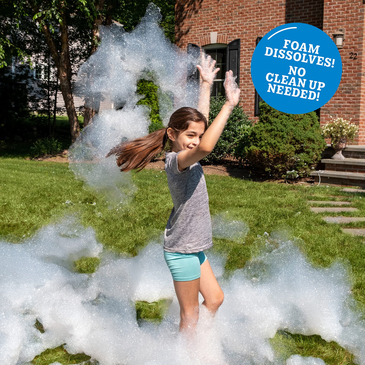 Non-toxic tear-free foam in action for mess-free backyard play.