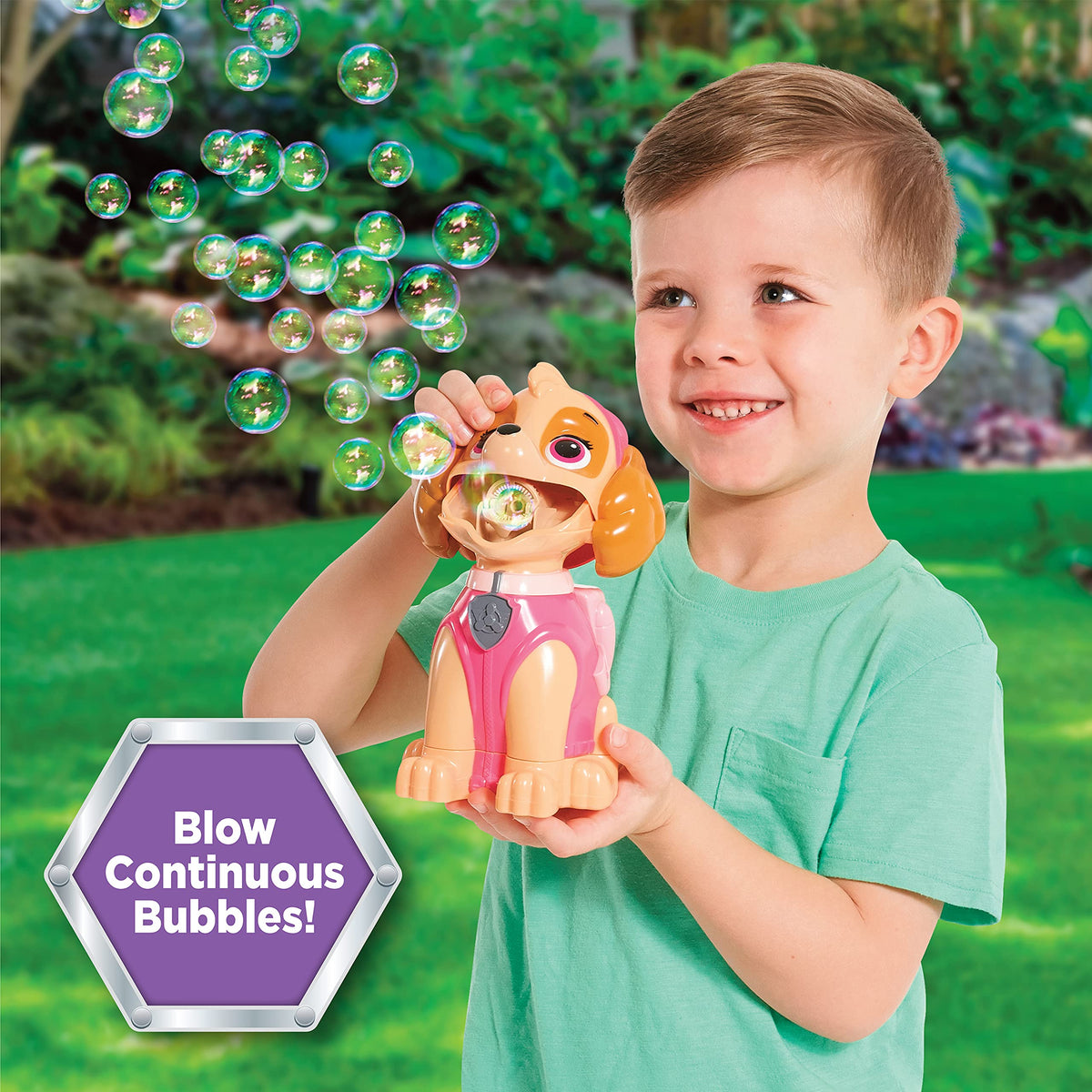 Child blowing bubbles with Skye bubble blower during park or beach time