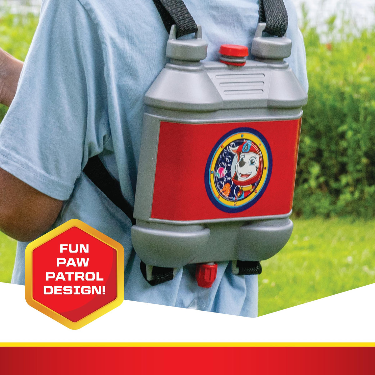 Paw Patrol pack on a child ready to stream water up to 30 feet