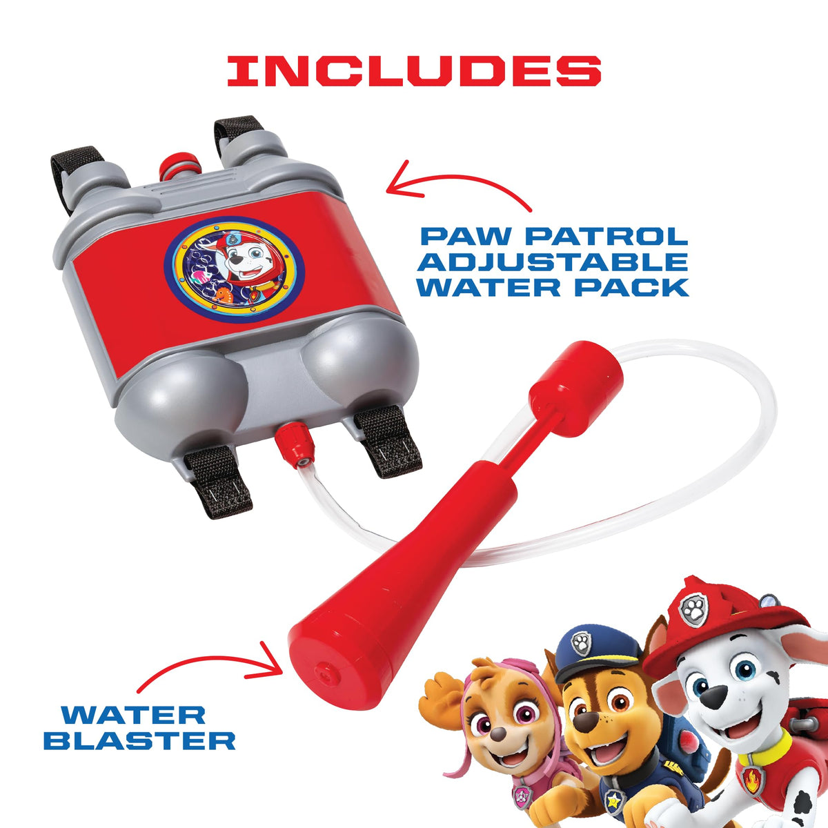 Paw Patrol water backpack in action showing pump and nozzle for outdoor spray
