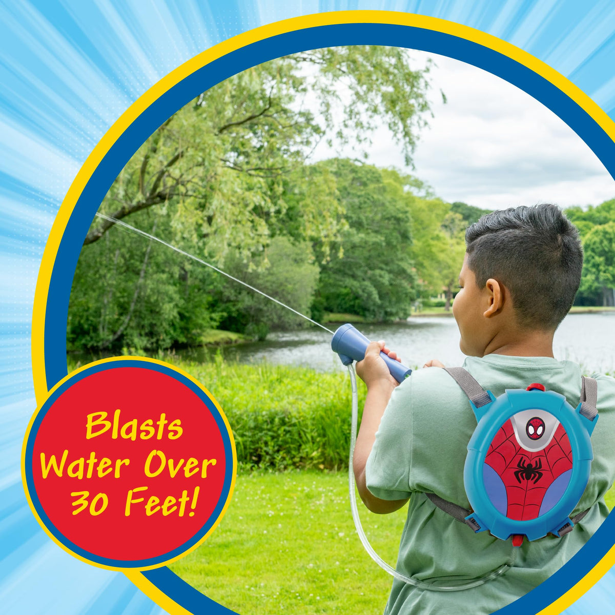 Pump nozzle lets kids control the spray during action-packed play.