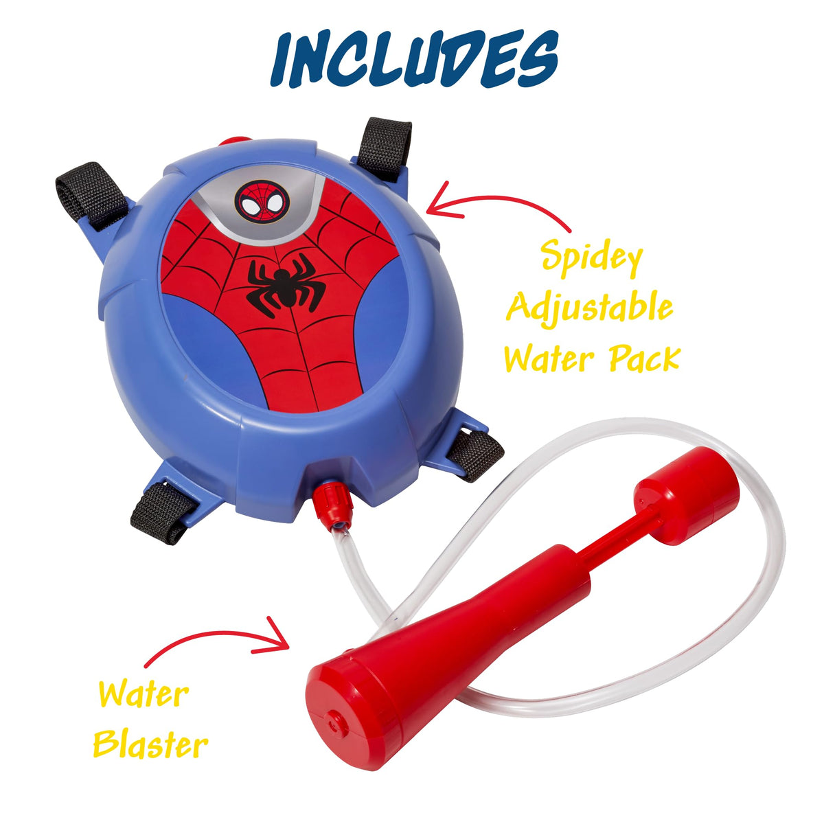 Spiderman backpack tank cap removal simplifies refill for extended water battles.