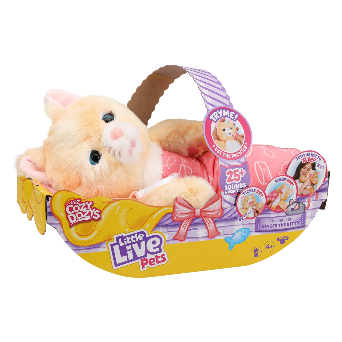 Little Live Pets Cozy Dozys Ginger cat eyes open and close for soothing bedtime visuals.