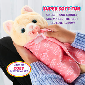 The plush ginger cat snuggles with a soft blanket for cozy nights.