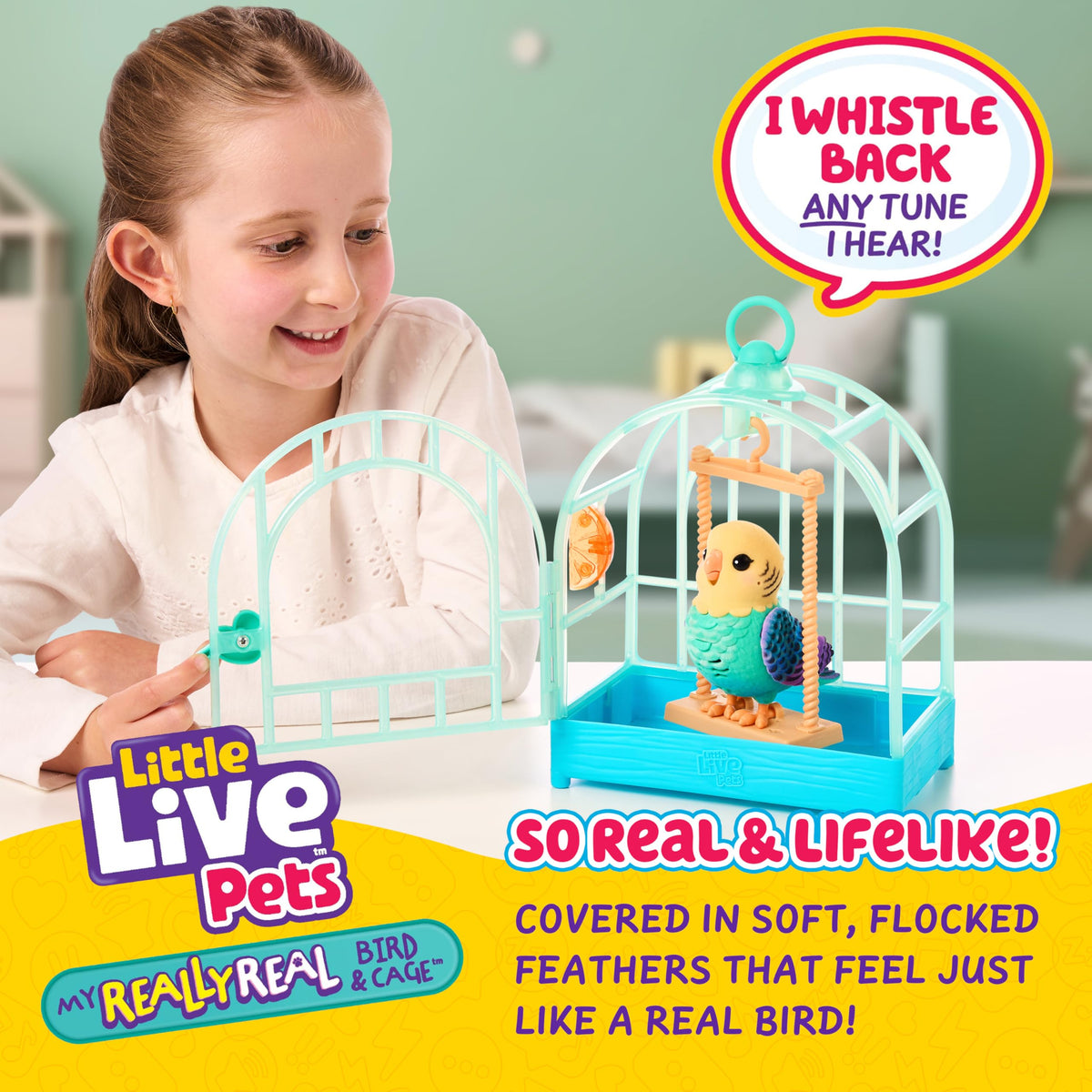 Indie perched inside a colorful Little Live Pets cage for display and play