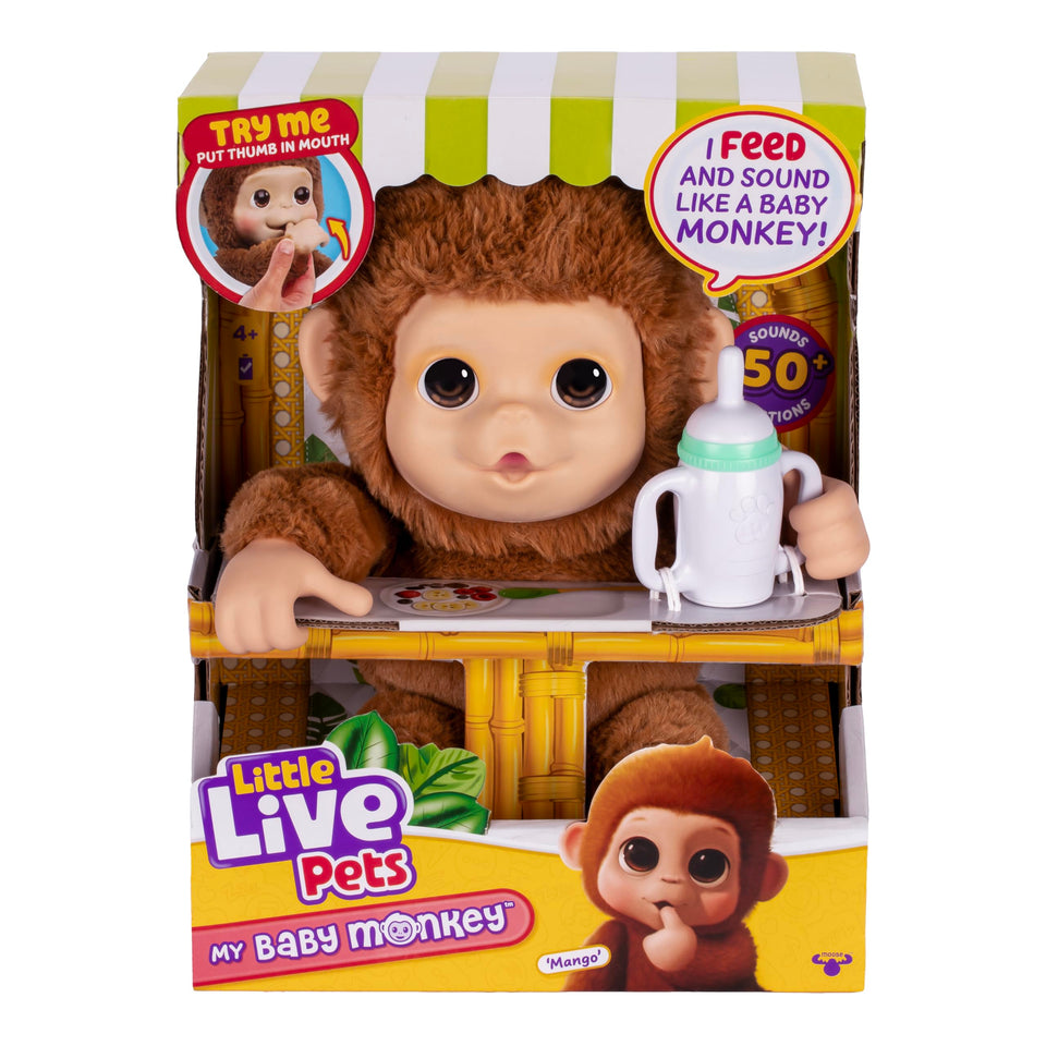Little Live Pets Mango baby monkey with bottle, ideal cuddles for kids.