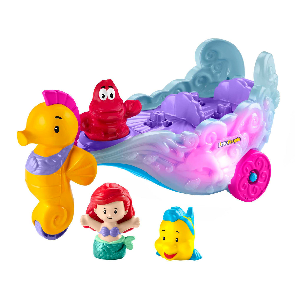 Little People Ariel and Flounder ride in a sea-carriage for imaginative pretend adventures.
