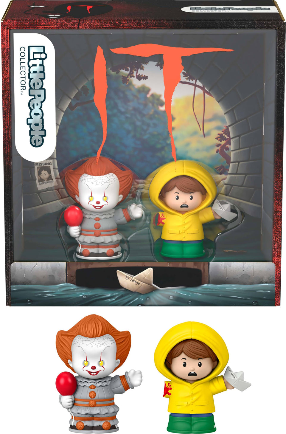 Little People Collector IT Pennywise figure with red balloon, ideal shelf display for horror fans.